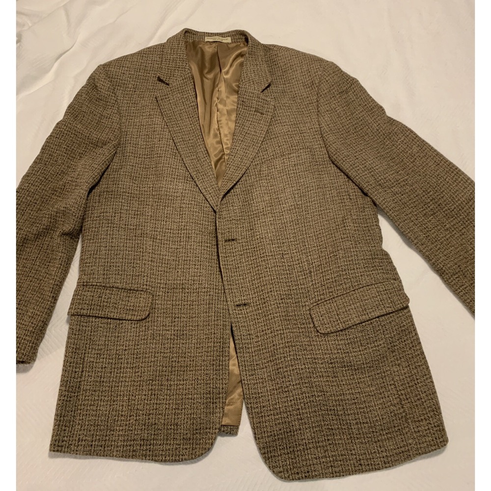 Vtg Travel Smith Tan Houndstooth Tweed 100% Silk Sports Coat 44R Tan Black